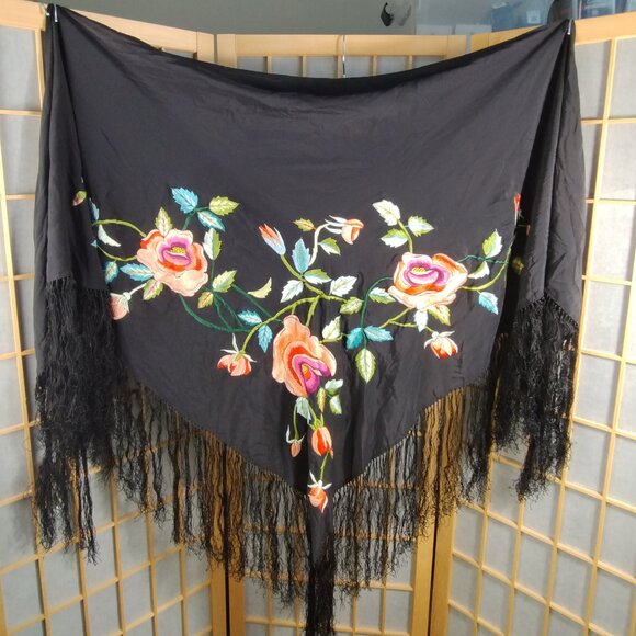 Echo Accessories - Echo Floral Silk Fringed Wrap Black NWT